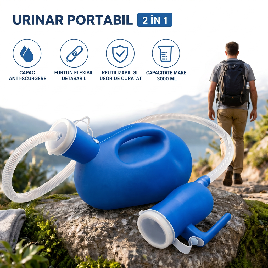 Urinarul portabil cu furtun, afară, lângă un drumeț