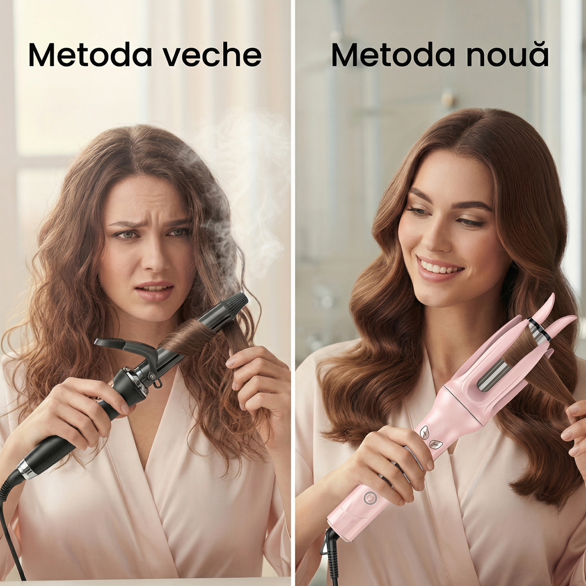 Ondulator clasic față de ondulatorul rotativ automat, folosite de o femeie