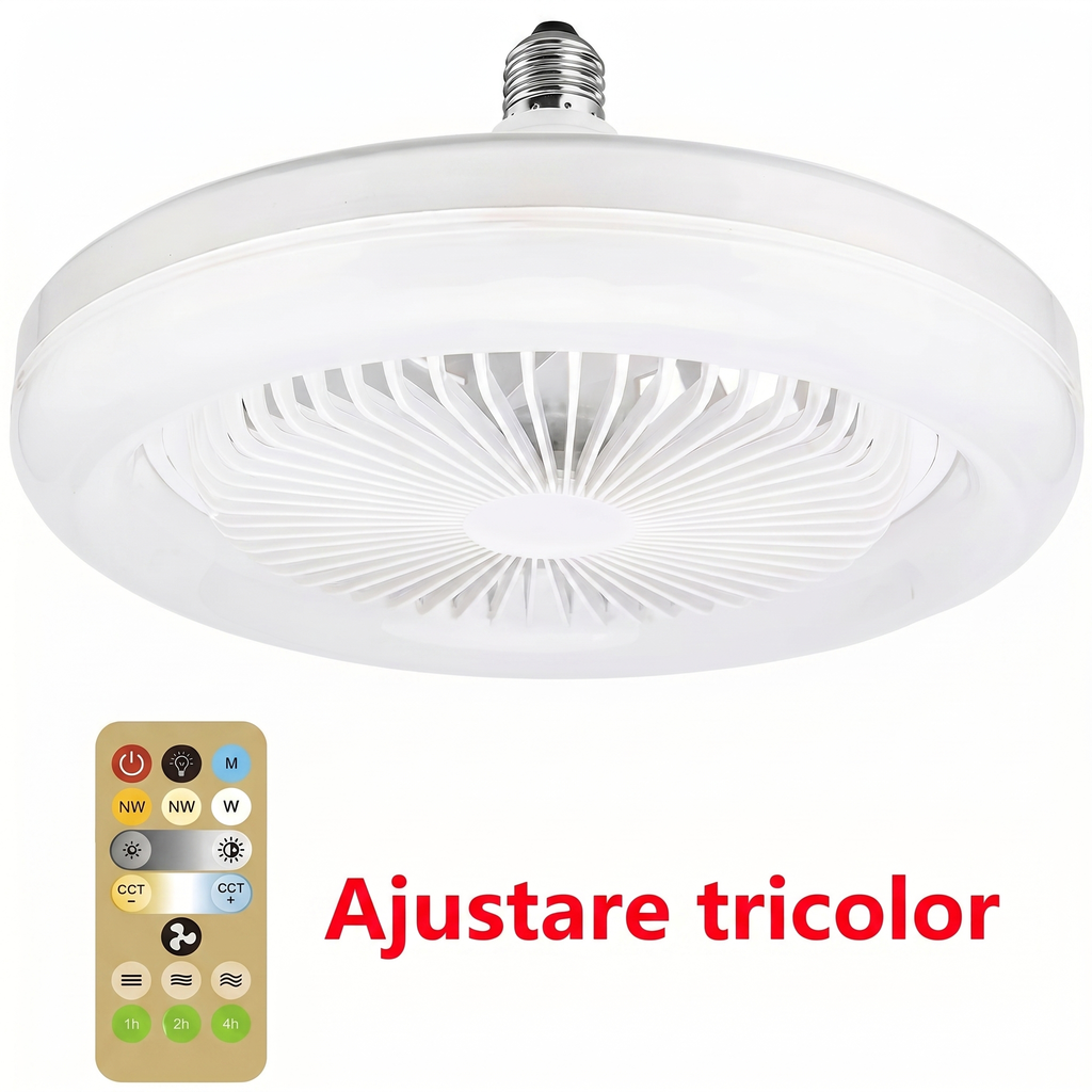 Plafoniera văzută de dedesubt, cu ventilatorul în mijloc, și telecomanda cu butoanele de nuanță