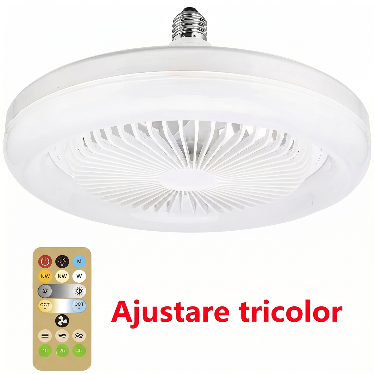 Plafoniera văzută de dedesubt, cu ventilatorul în mijloc, și telecomanda cu butoanele de nuanță