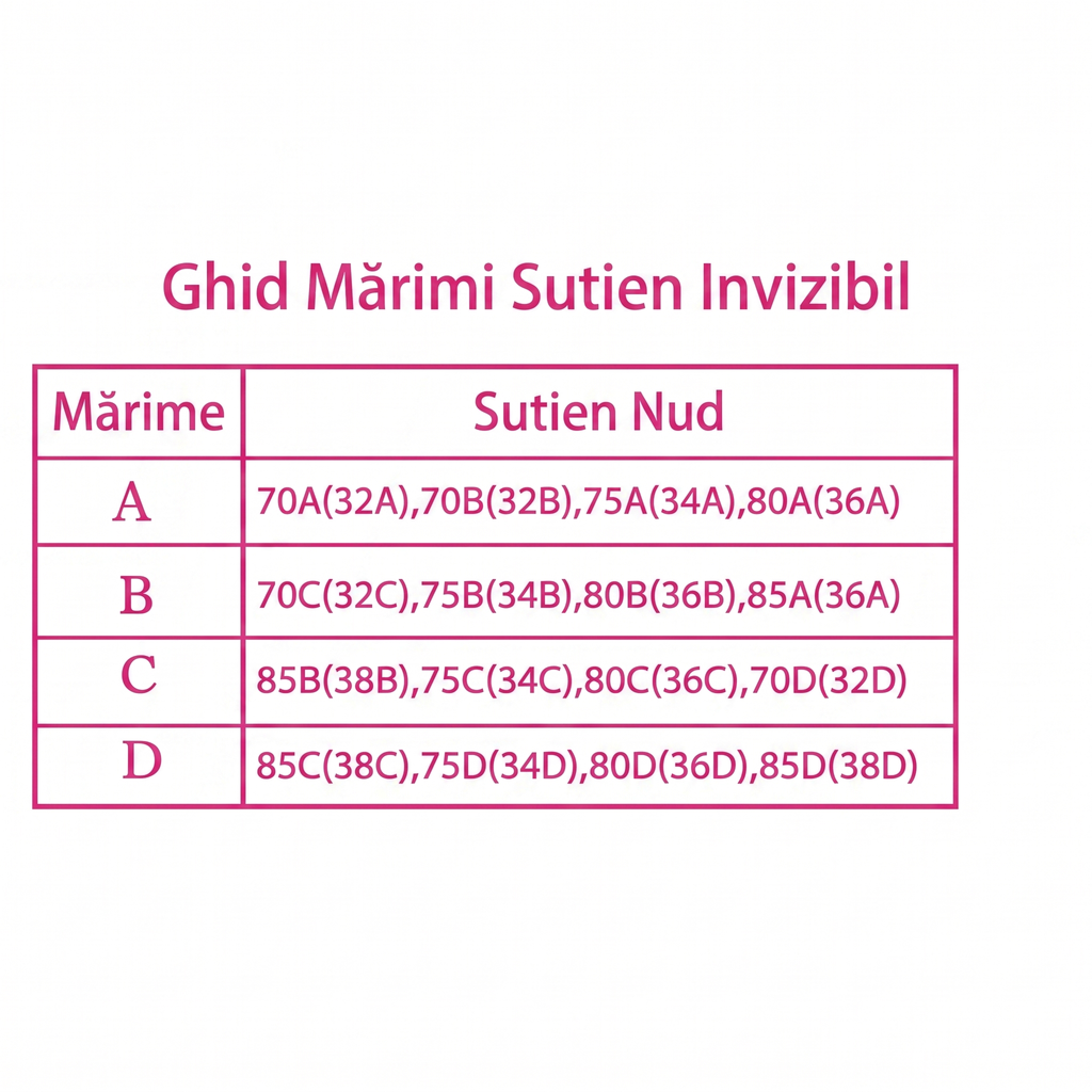 Ghidul de mărimi al producătorului, cu echivalențele pentru A, B, C și D