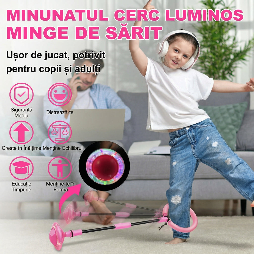 Infografic cu Skip Ball: cerc luminos, folosit de copii și adulți, cu roata aprinsă