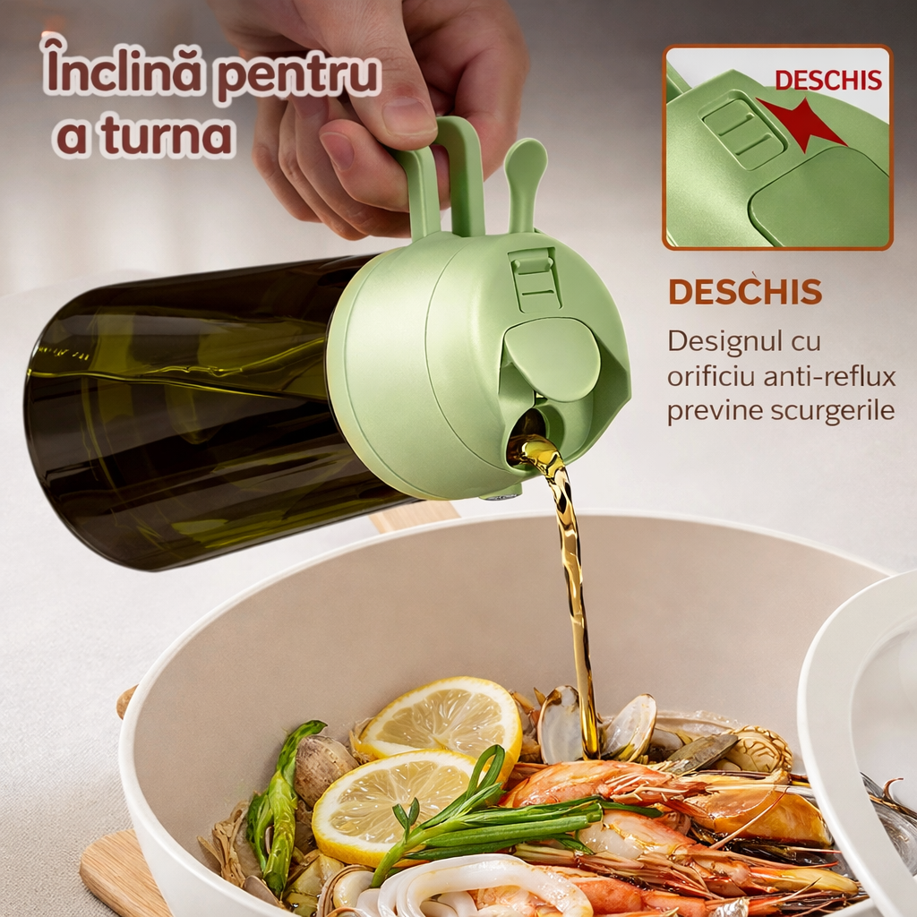 Ulei turnat din recipient peste o salată, cu capacul deschis automat