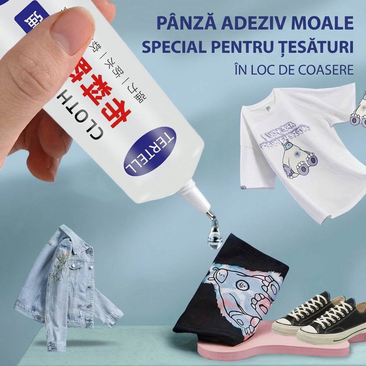 Adezivul picurat pe un tricou, lângă o geacă de blugi și o pereche de tenși — reparații fără coasere