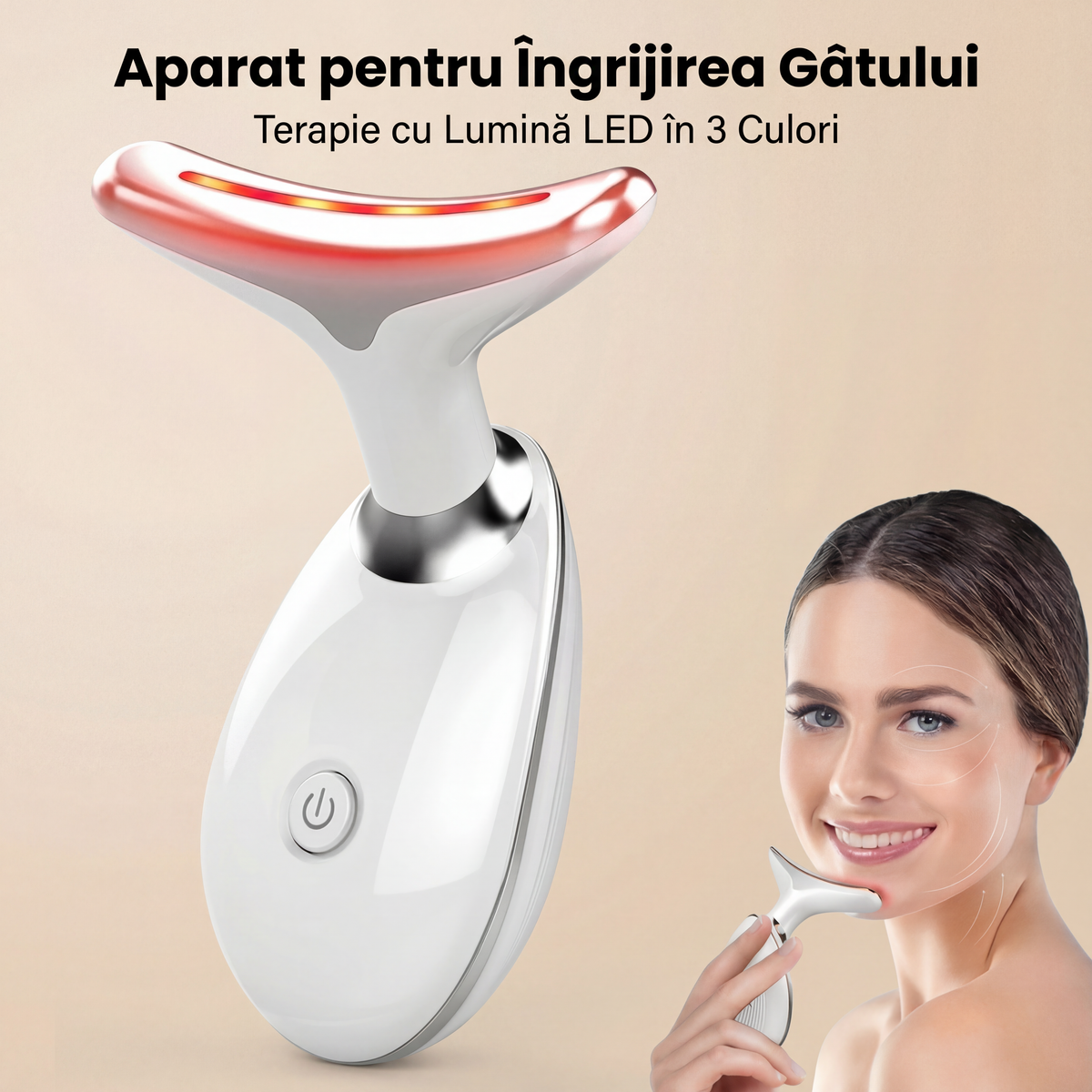 Aparatul cu lumina LED roșie aprinsă pe capul în V, lângă chipul unei femei