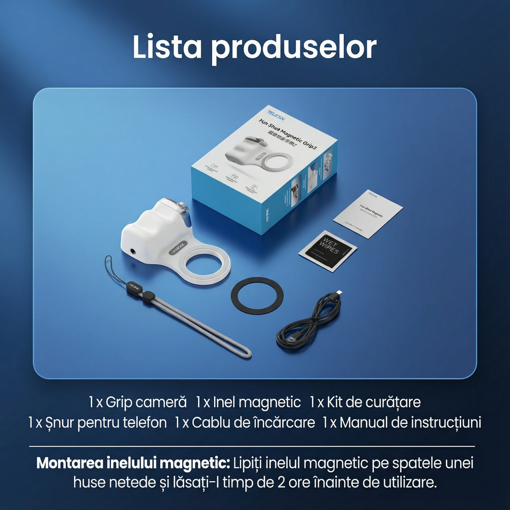Ce primești în colet: grip, inel magnetic, kit de curățare, șnur, cablu
