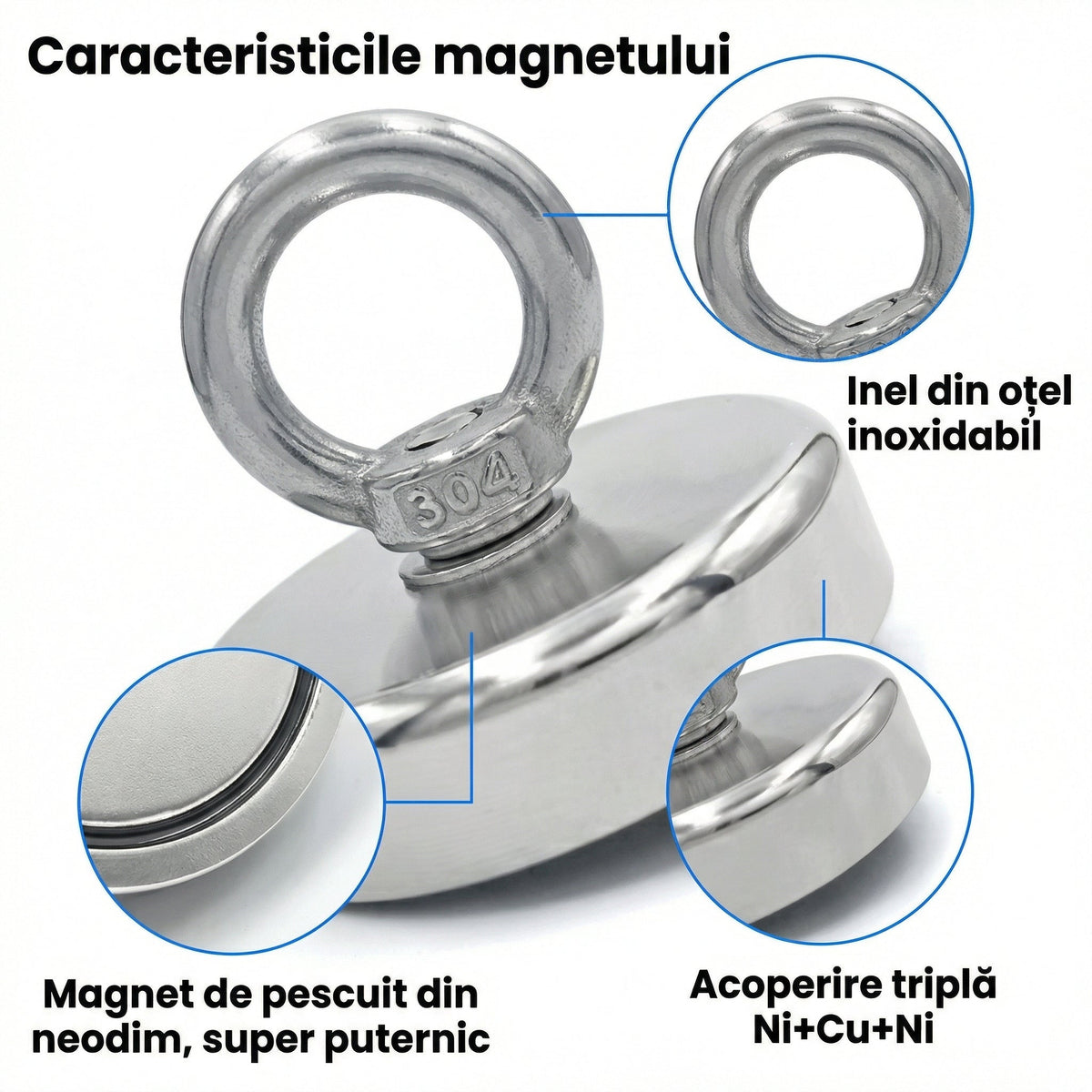 Detaliile magnetului: inelul din inox 304, corpul de neodim și acoperirea în trei straturi