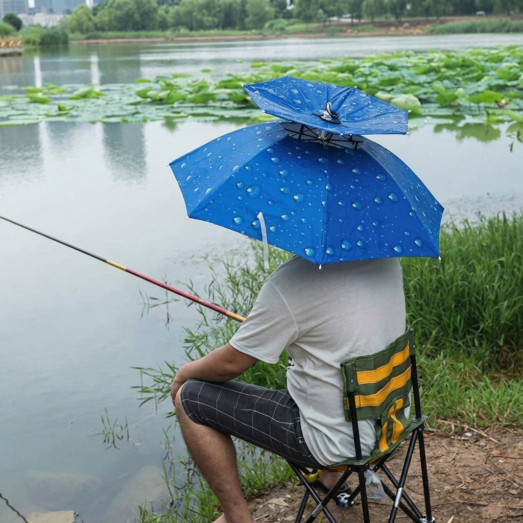 Pescar așezat pe scaun pe malul lacului, cu pălăria-umbrelă albastră pe cap