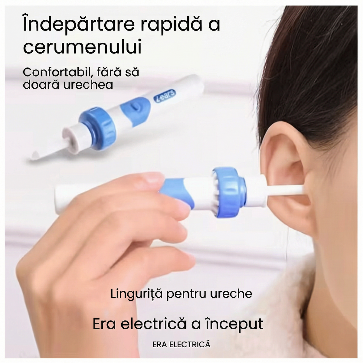 Aparatul cu capul de aspirare apropiat de ureche, în prim-plan