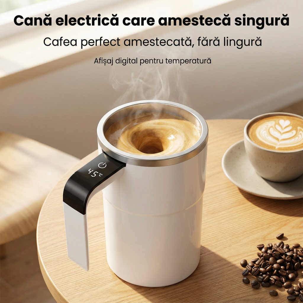Cafeaua care se amestecă singură în cană, cu temperatura afișată pe mâner