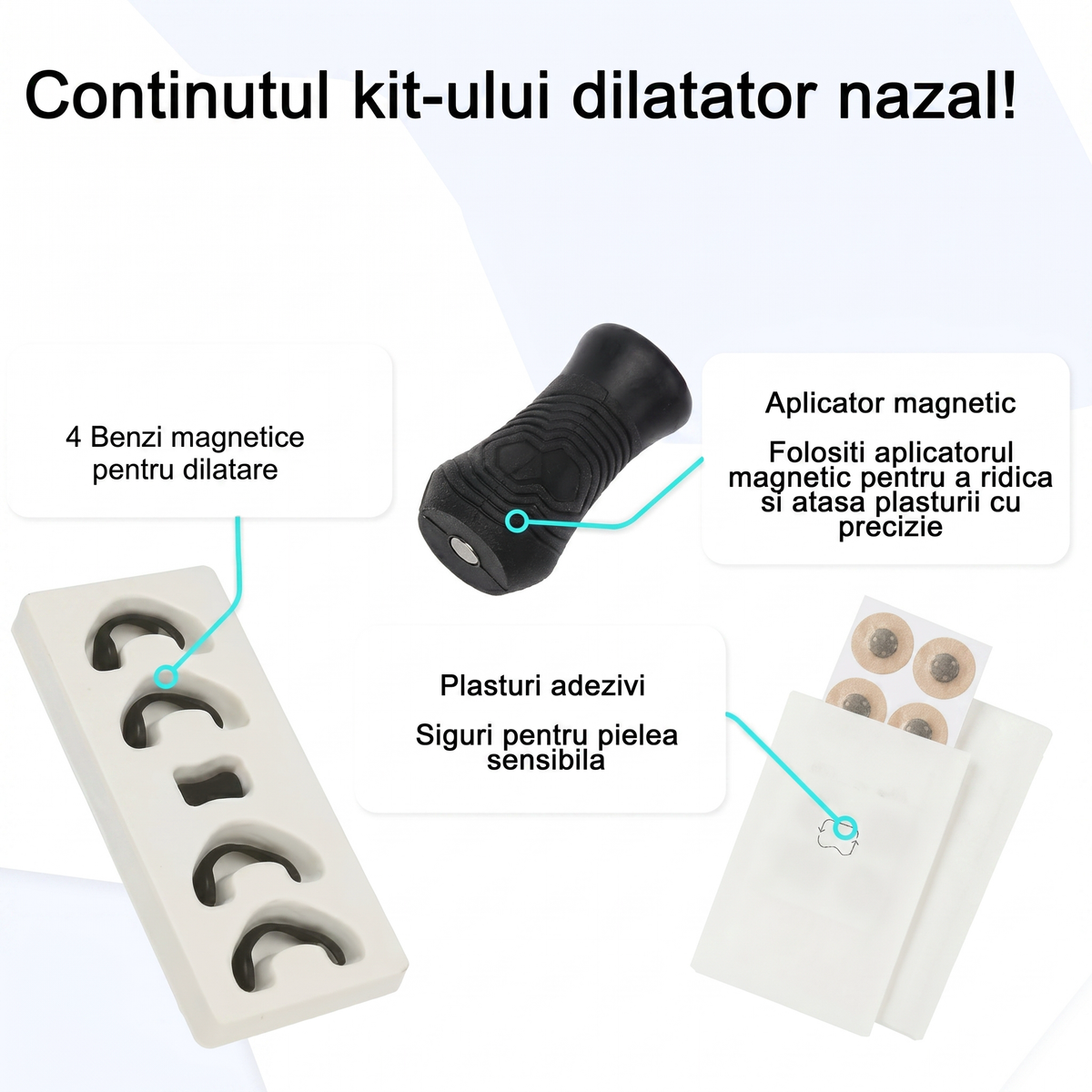 Blisterul cu cele 4 benzi magnetice și aplicatorul, văzut de sus