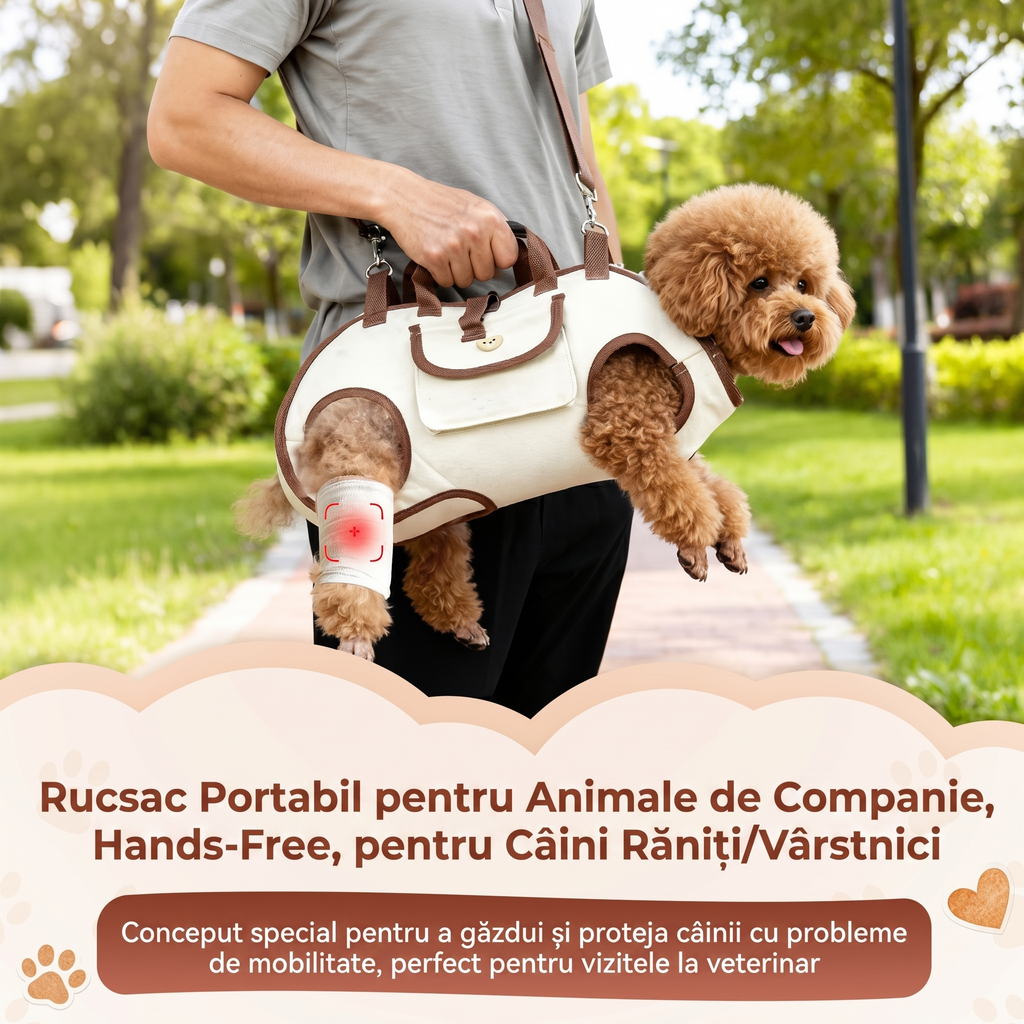 Câine mic purtat în hamul-geantă pe umăr, în parc
