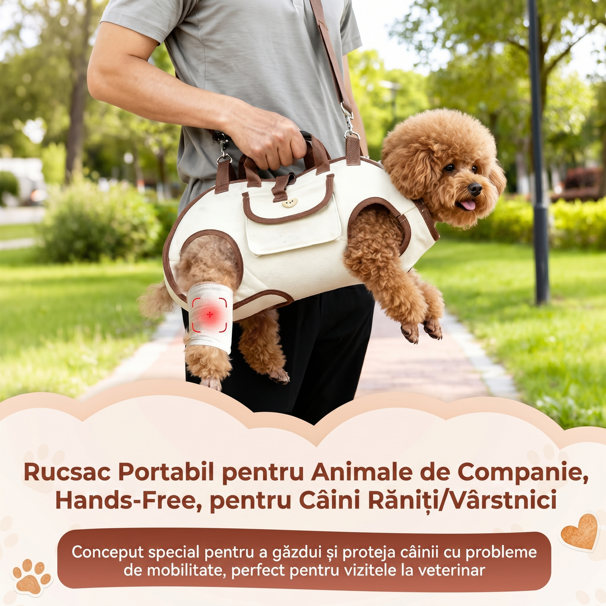 Câine mic purtat în hamul-geantă pe umăr, în parc