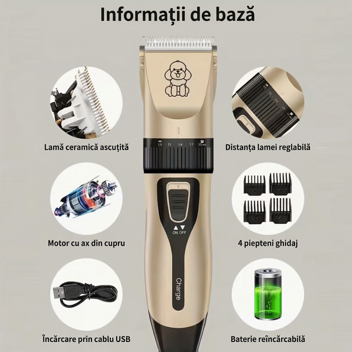 Părțile mașinii de tuns: lama ceramică, rotița de reglaj, cei 4 piepteni-ghidaj, cablul USB și acumulatorul