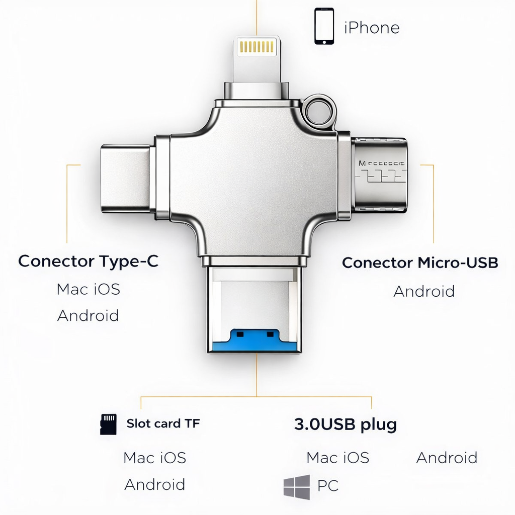 Cititor card microSD 4 în 1, USB-C, Lightning și USB