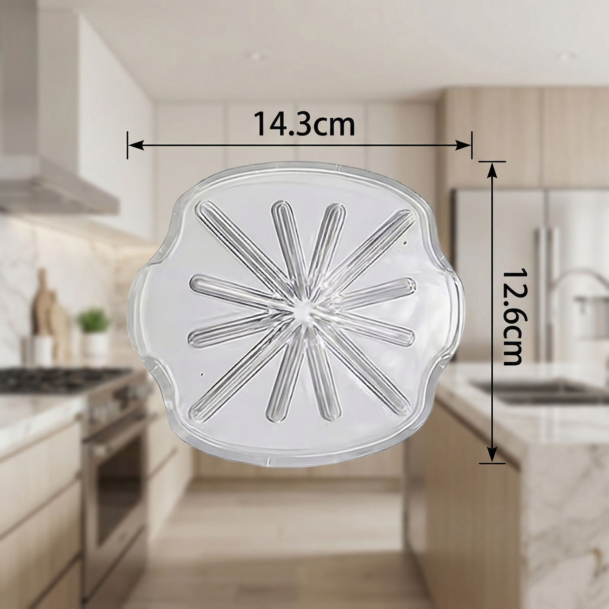 Capac anti-stropire transparent pentru mixer, cu cotele marcate: 14,3 x 12,6 cm