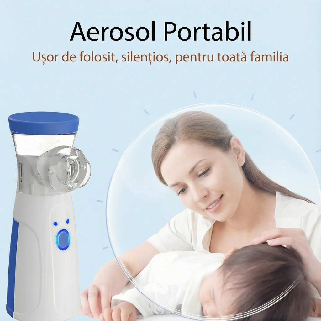 Aparatul de aerosoli lângă o mamă care ține un copil mic în brațe