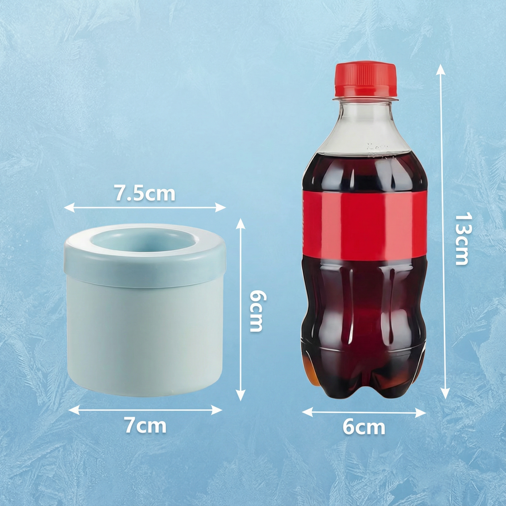 Forma pentru gheață cu cotele marcate, lângă o sticlă de 13 cm
