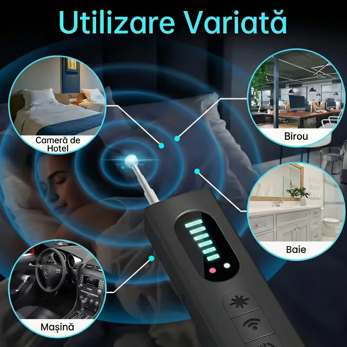 Unde se folosește detectorul: cameră de hotel, birou, baie și mașină