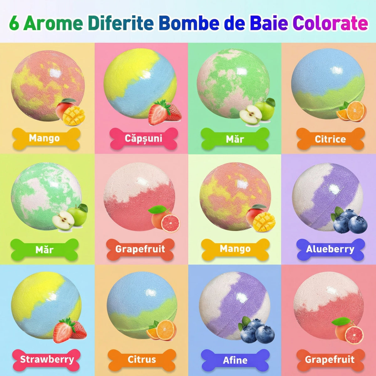 Bombele de baie scoase din cutie, cu cele șase culori alăturate