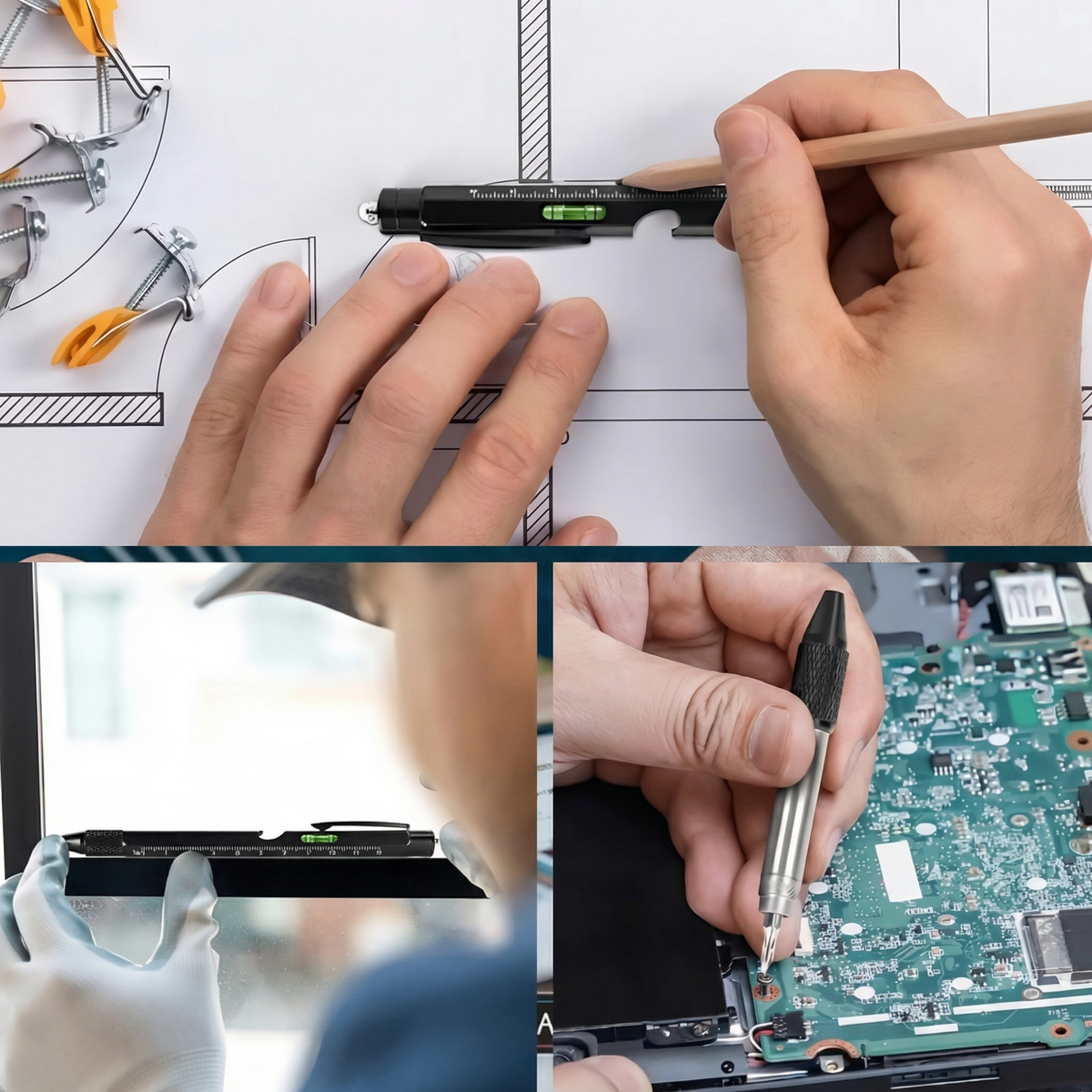 Pixul 9 în 1 folosit ca riglă, stylus și șurubelniță