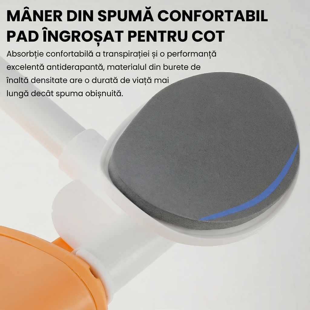 Roată abdominală cu mecanism de revenire automată, mânere laterale și suport pentru genunchi.