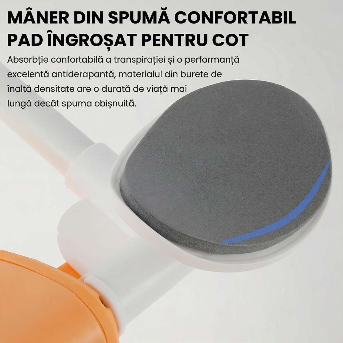 Roată abdominală cu mecanism de revenire automată, mânere laterale și suport pentru genunchi.