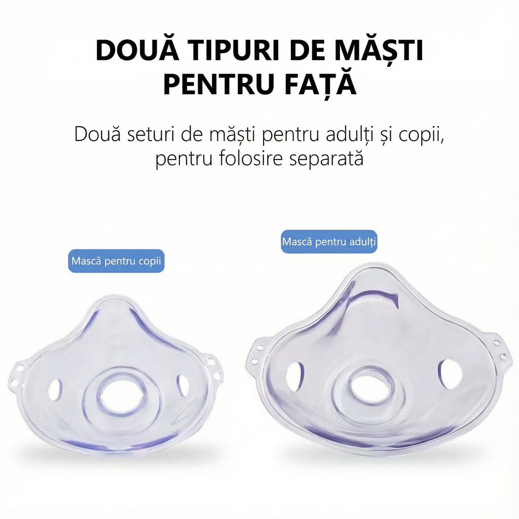 Cele două măști ale aparatului de aerosoli, una pentru adulți și una pentru copii, pe fundal alb