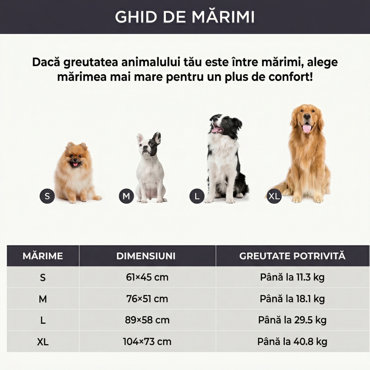 Ghidul de mărimi al saltelei: S 61 x 45 cm, M 76 x 51 cm, cu greutățile potrivite