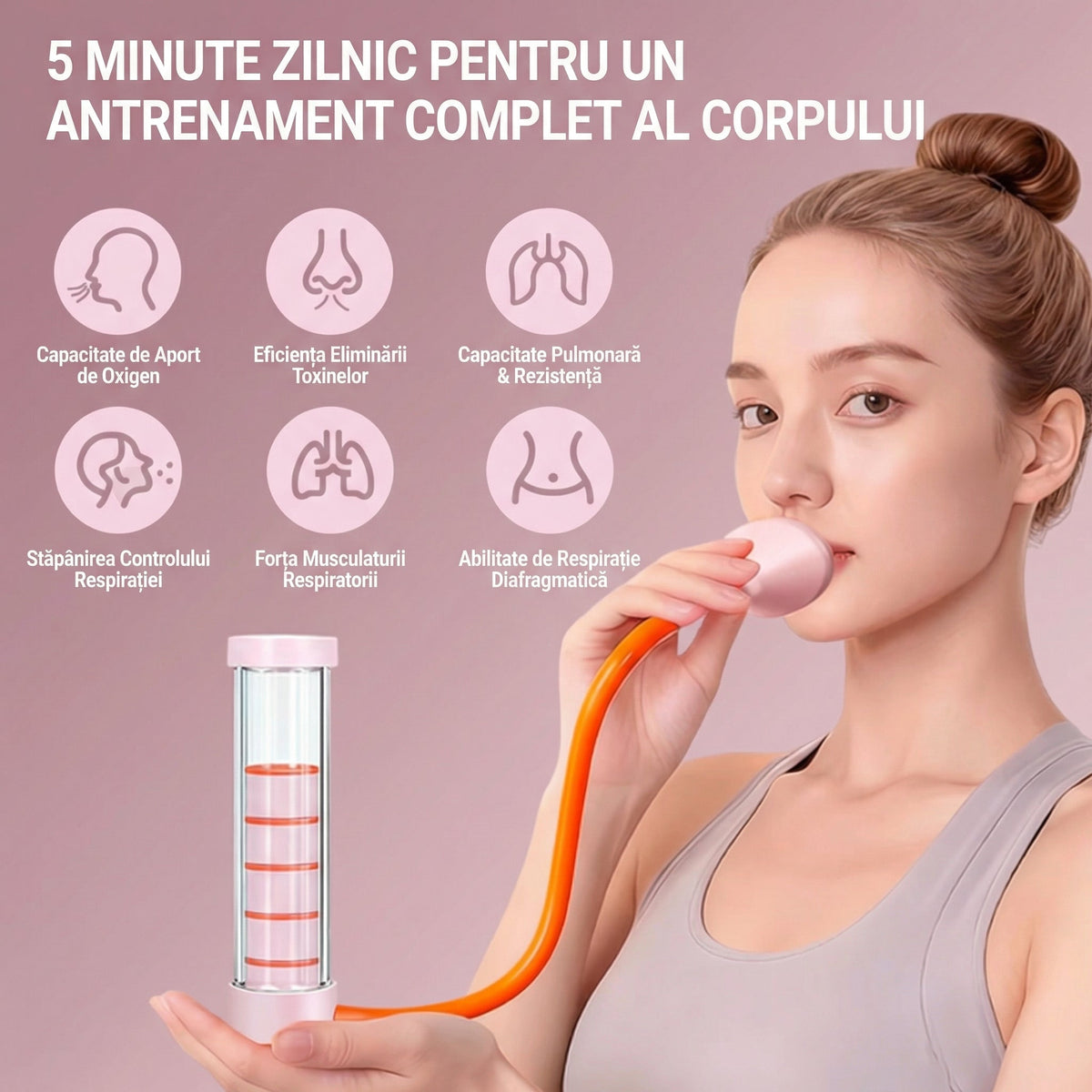 Femeie suflând în muștiucul antrenorului de respirație roz, cu tubul cu bile în mână