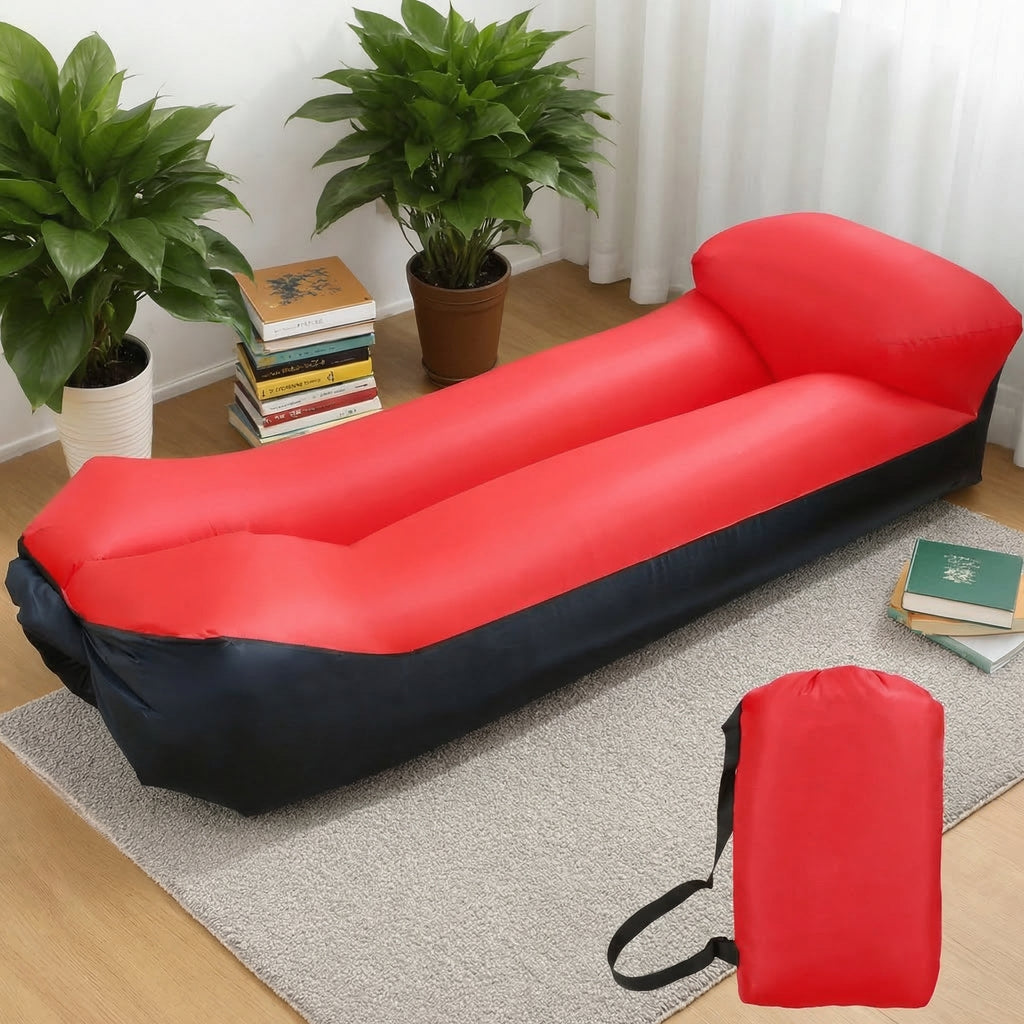 Șezlongul gonflabil cu cotele marcate: 220 x 70 x 60 cm și sacul de 46 x 26 cm