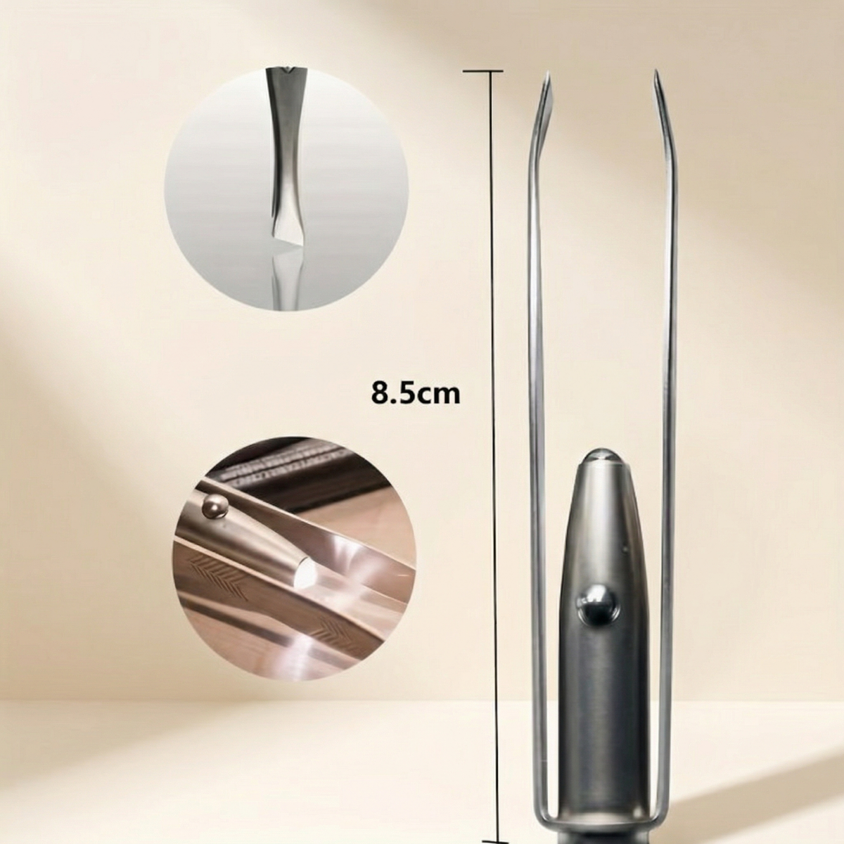 Penseta cu LED cu lungimea marcată: 8,5 cm, și detaliul vârfului