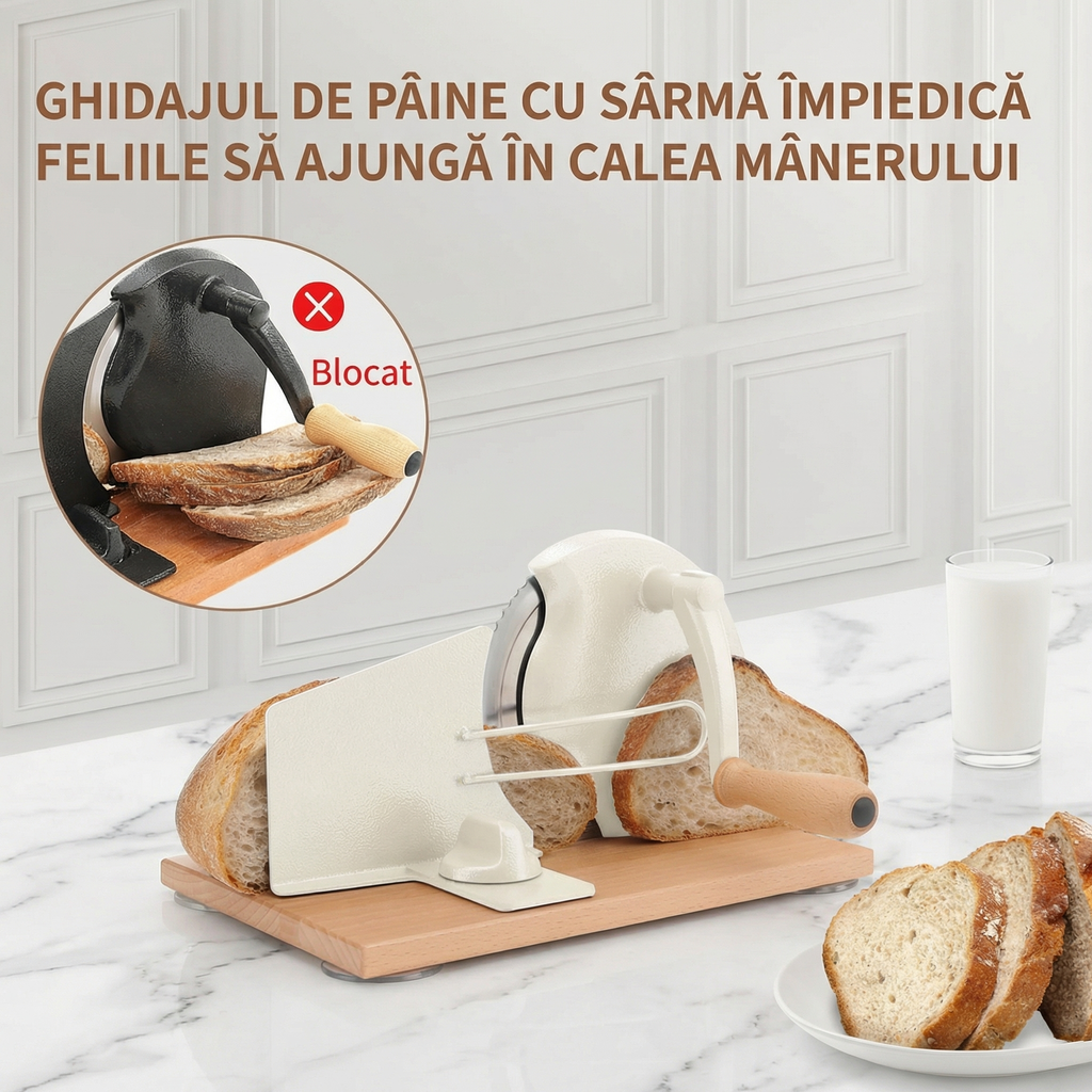 Ghidajul din sârmă al feliatorului, care ține feliile departe de manivelă