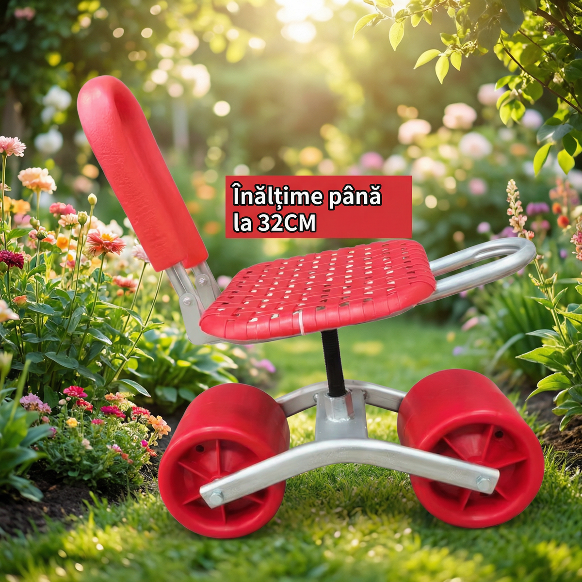 Scaunul într-o grădină cu flori, cu înălțimea marcată: până la 32 cm
