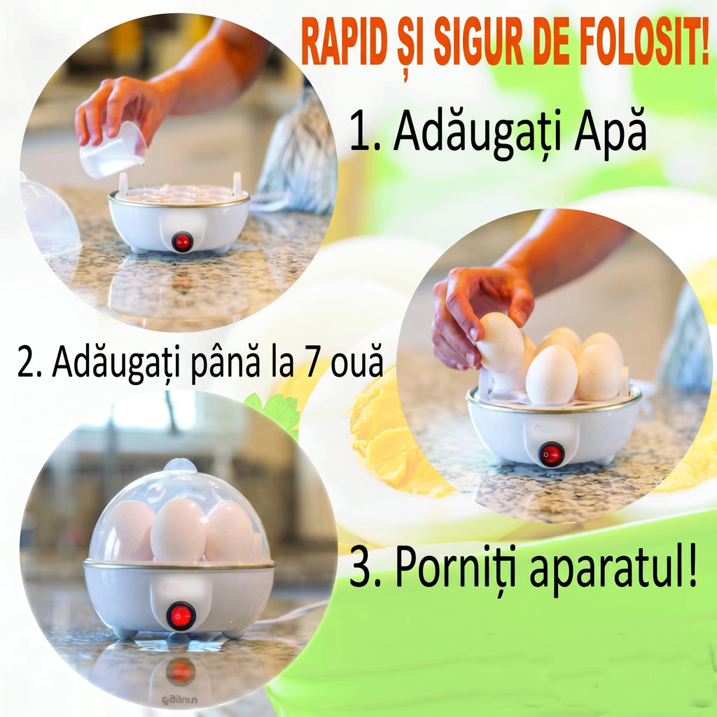 Cei trei pași de folosire: pui apă, pui până la șapte ouă, pornești aparatul