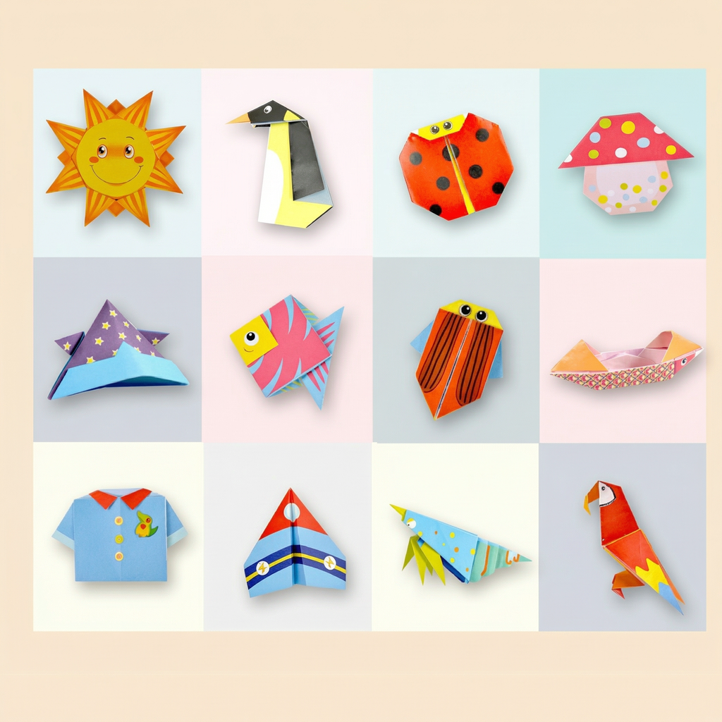 Modele de origami: soare, pinguin, buburuză, ciupercă, pește, papagal