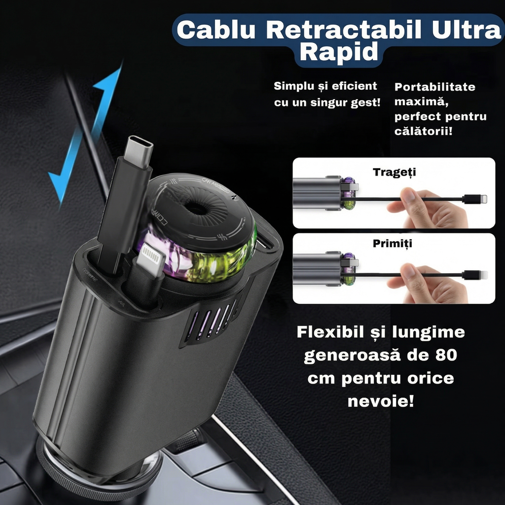 Cablul retractabil de 80 cm tras din încărcător