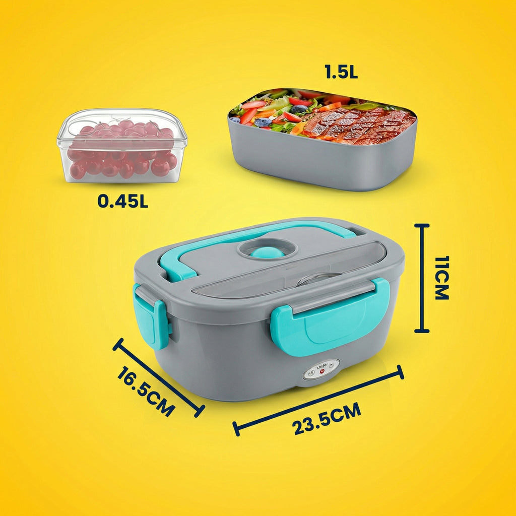 Caserola electrică cu cotele marcate: 23,5 x 16,5 x 11 cm, recipient de 1,5 l și compartiment de 0,45 l