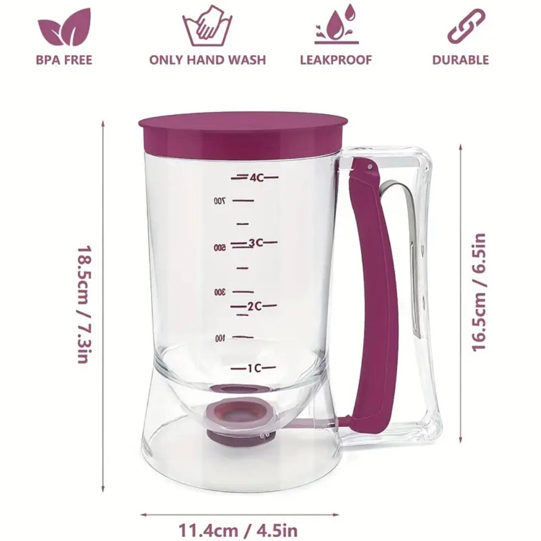 Cana cu cotele marcate: 18,5 cm înălțime, 11,4 cm lățime, și mențiunile fără BPA, spălare manuală, etanșă