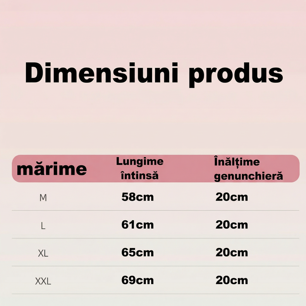 Tabelul de mărimi al genunchierei: M, L, XL, XXL