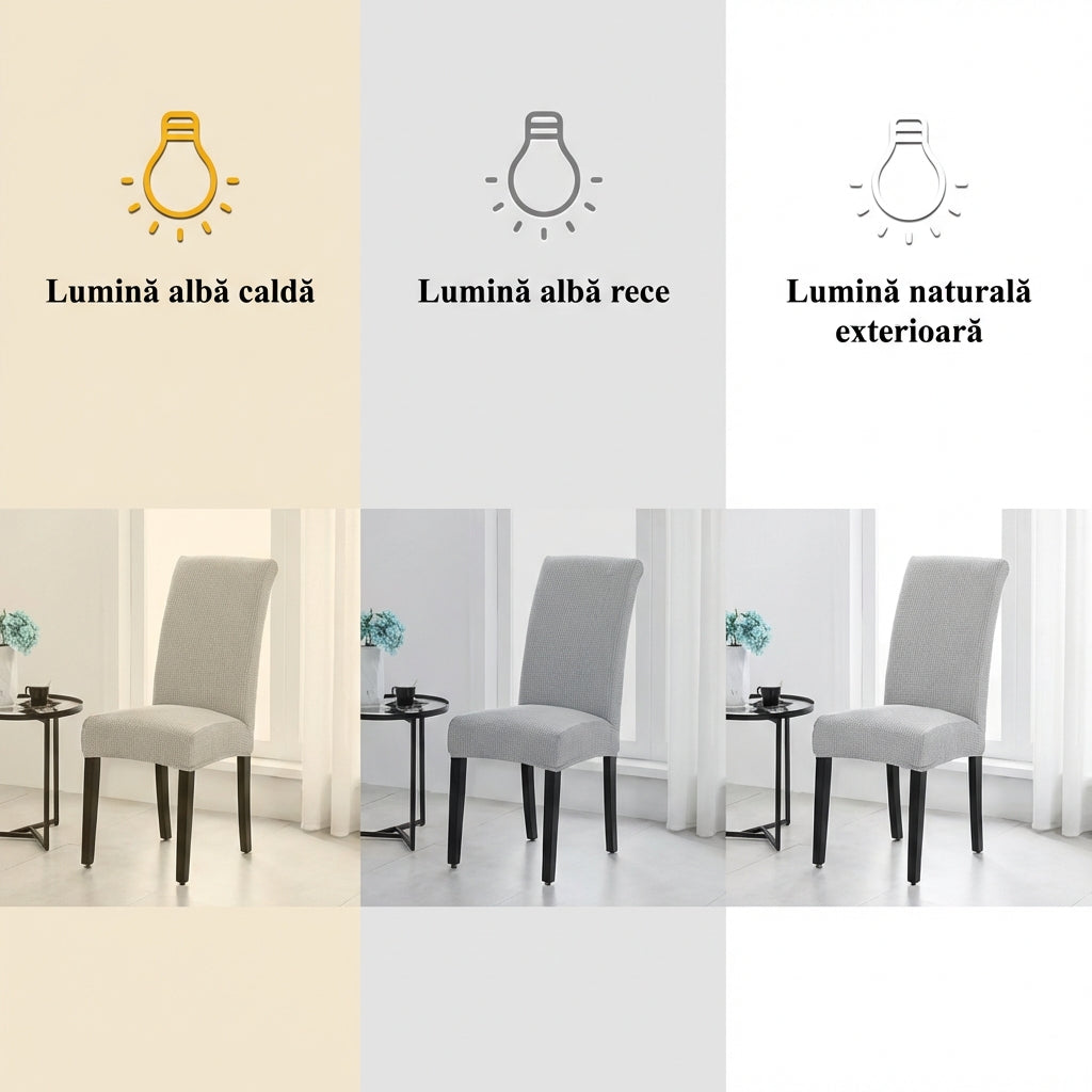 Scaunul în husă, fotografiat în lumină caldă, în lumină rece și la lumina zilei