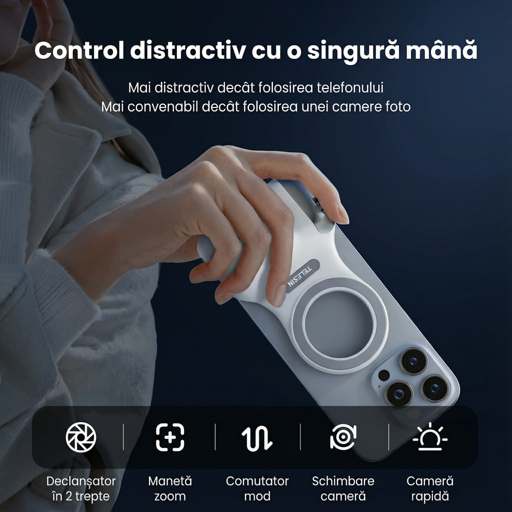 Telefon cu grip-ul magnetic ținut într-o mână, cu butoanele de control