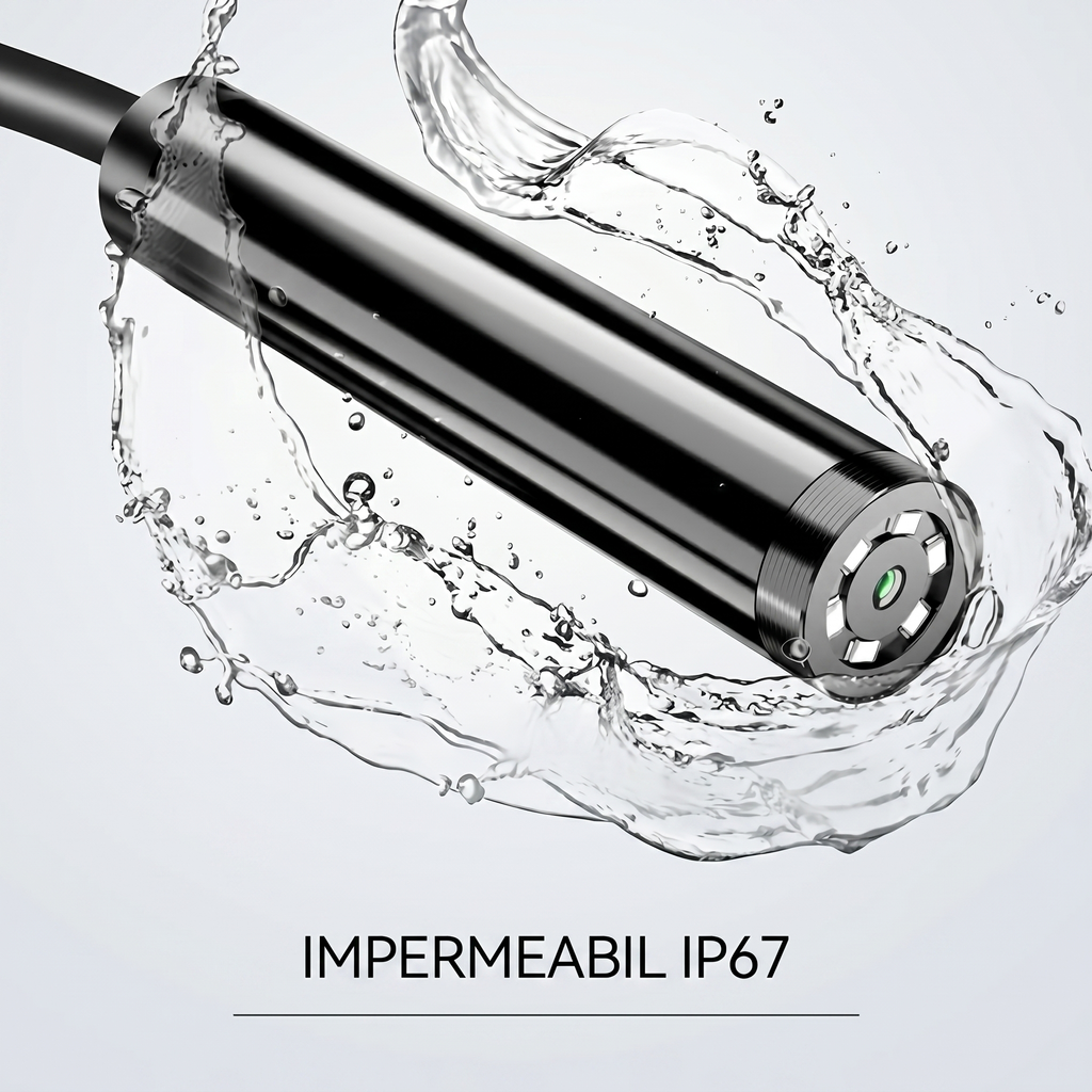 Capul sondei stropit cu apă, cu mențiunea impermeabil IP67