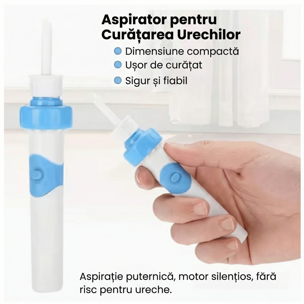 Aspiratorul pentru urechi, alb cu albastru, văzut întreg și ținut în mână