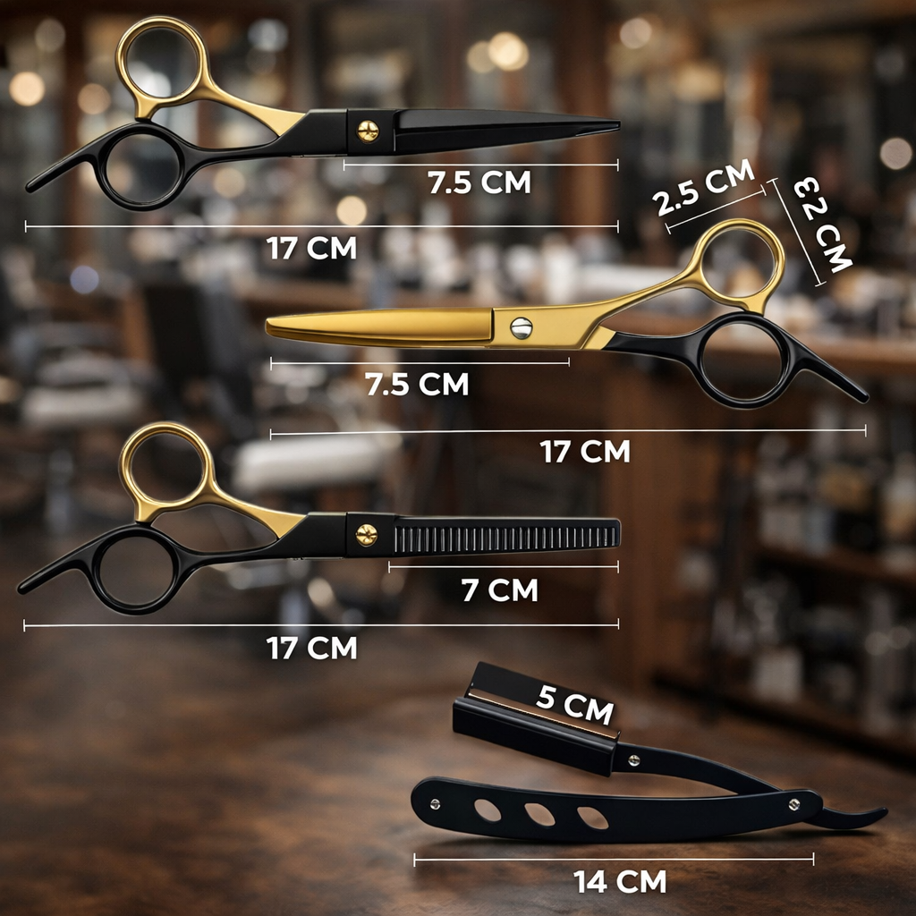Cotele pieselor: foarfecele de 17 cm cu lama de 7,5 cm, foarfeca de filat cu 7 cm de dinți, briciul de 14 cm