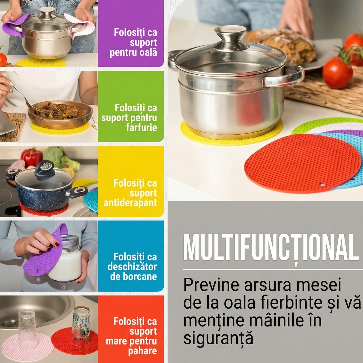 Folosiri ale suportului din silicon: sub oală, sub farfurie, la desfăcut borcane