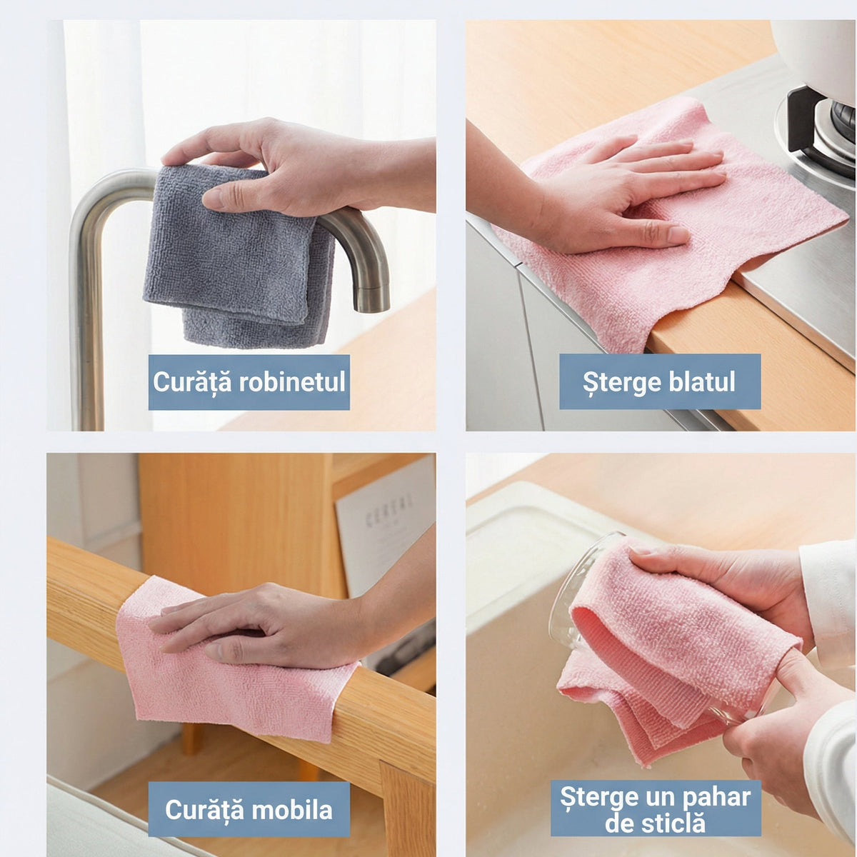 Prosoapele din microfibră folosite pe robinet, blat, mobilă și pahar