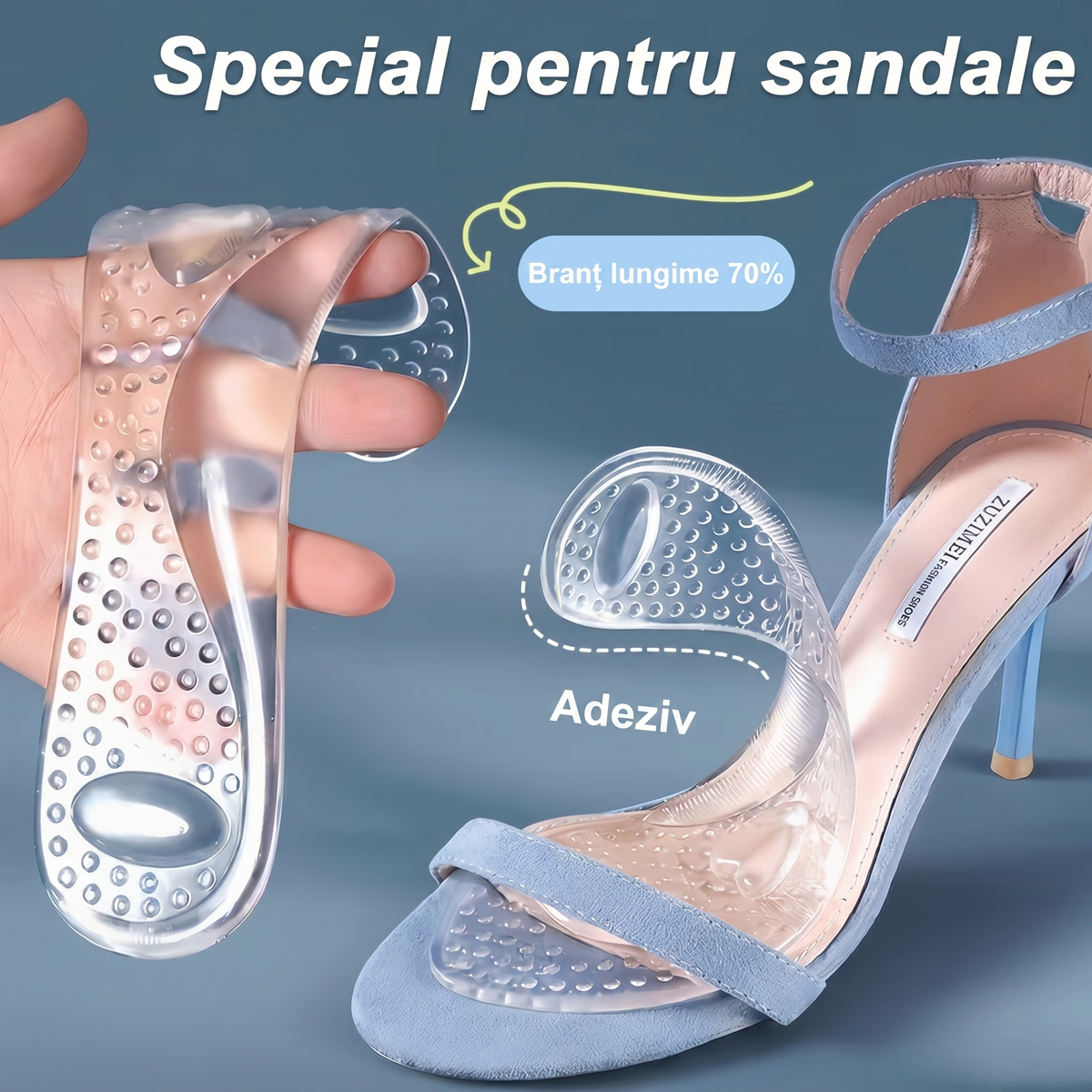 Tălpic din silicon transparent ținut în mână și unul lipit într-o sandală cu toc