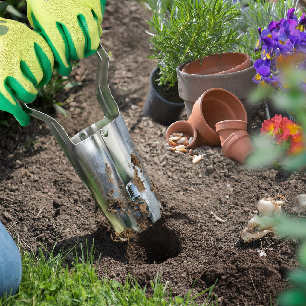 Plantatorul înfipt în pământ, lângă ghivece de lut și bulbi, într-o grădină