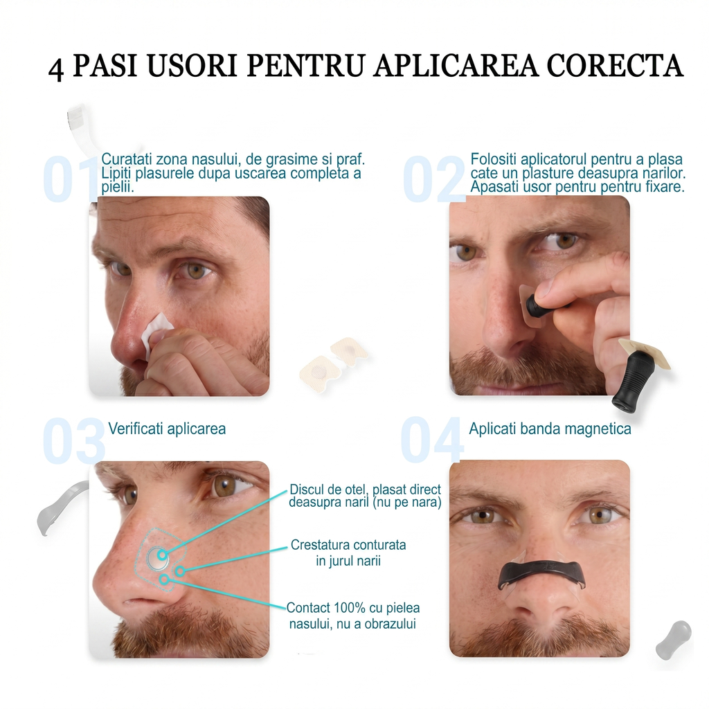 Pașii de aplicare a dilatatorului nazal, în patru imagini